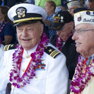 Arizona survivors, Louis Conter, left, and Herbert Elfring before the ceremony at the Arizona Memorial in Honolulu, Hawaii. | Craig T. Kojima /The Star-Advertiser via AP