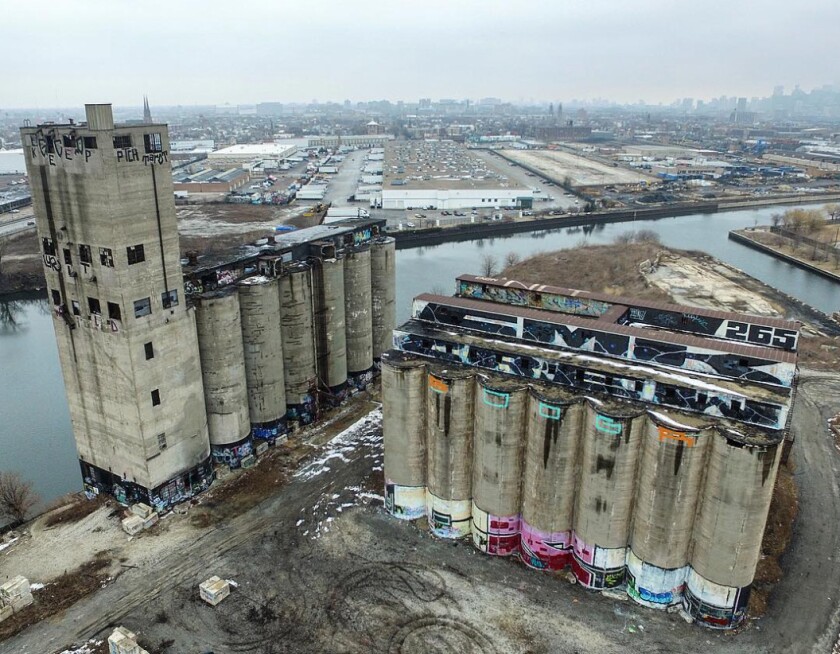 The view of the Damen Silos in 2016 from a drone camera.