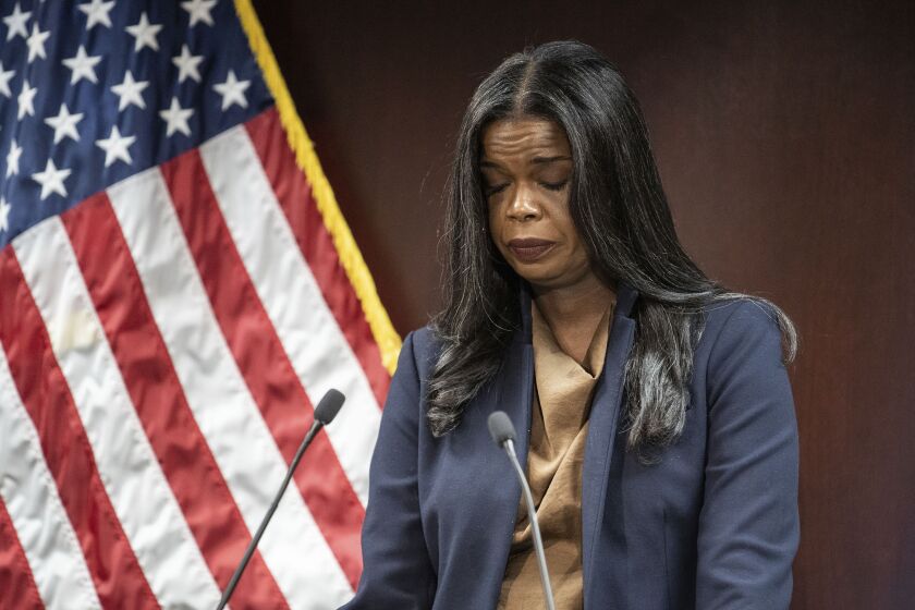 Cook County State’s Attorney Kim Foxx speaks during a news conference at her office in the Loop, where she announced charges against Chicago Police Officer Ruben Reynoso and Sgt. Christopher Liakopoulos, Friday, Sept. 16. Reynoso and Liakopoulos both face felony charges for allegedly shooting and seriously wounding an unarmed man during a July shootout on the Southwest Side that also wounded a second man, authorities said.