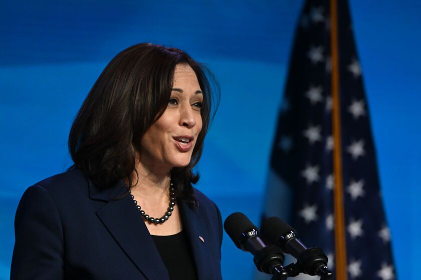 Vice President-elect Kamala Harris speaks after President-elect Joe Biden nominated their economic and jobs team at The Queen theater on Jan. 8, 2021 in Wilmington, Delaware. For Secretary of Commerce, Rhode Island Governor Gina Raimondo; Secretary of Labor, Boston Mayor Marty Walsh; Small Business Administrator, California official Isabel Guzman; Deputy Secretary of Commerce, Biden’s former counselor Don Graves. (Photo by JIM WATSON / AFP) (Photo by JIM WATSON/AFP via Getty Images) ORG XMIT: 0