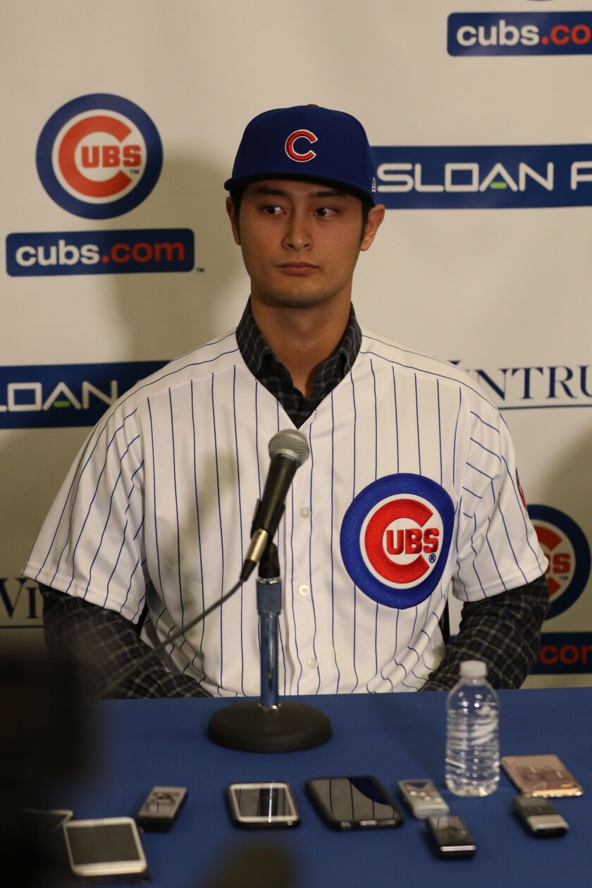 Yu Darvish speaks to the media at his first news conference as a member of the Cubs. | John Antonoff/For the Sun-Times