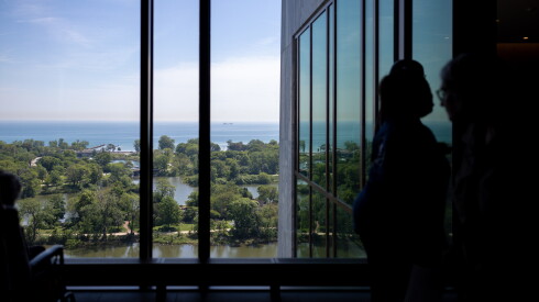 Aerial view of the Jackson Park lagoon from the Nelson Mandela Sky Room at the Obama Presidential Center.