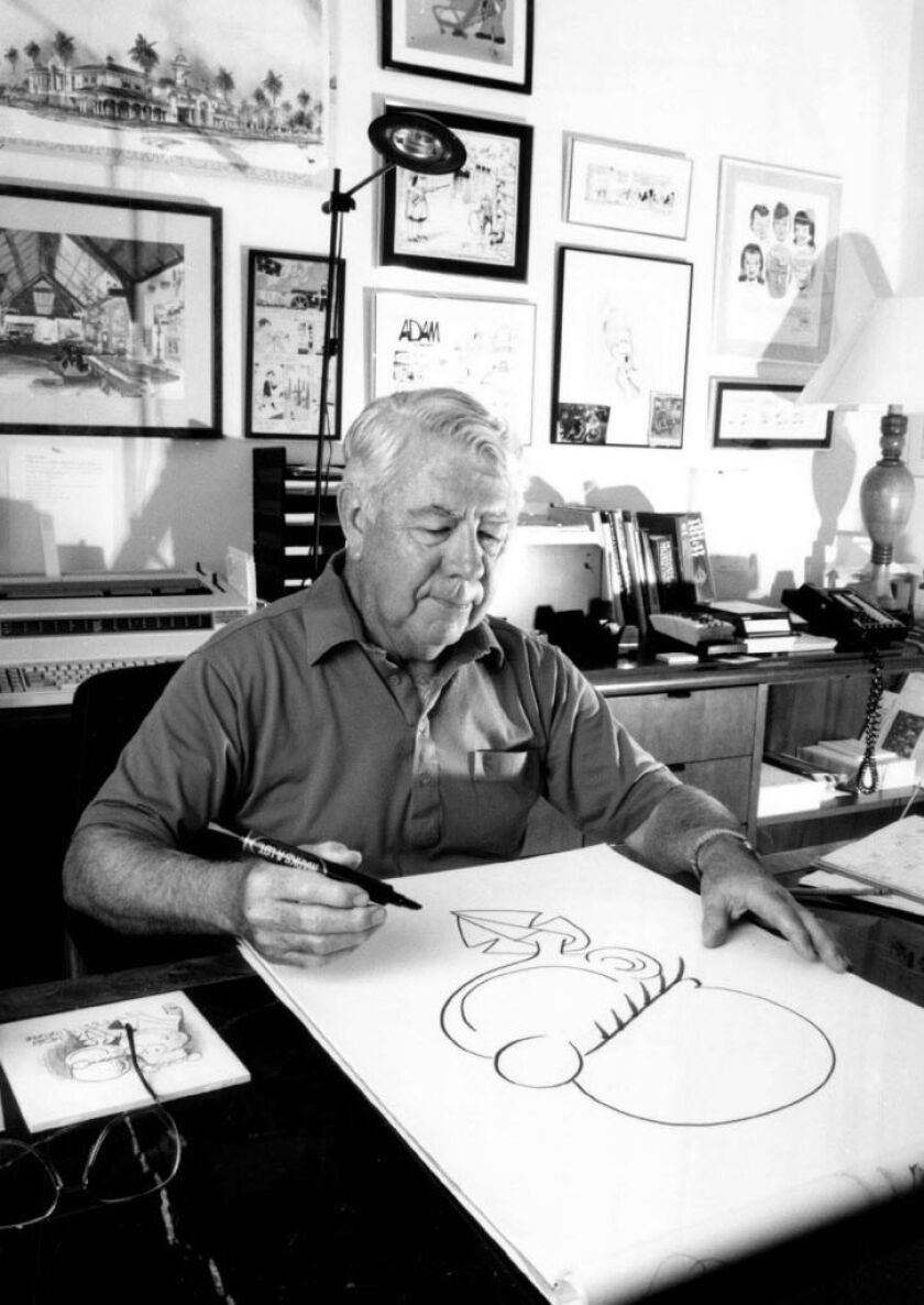 Mort Walker draws a close-up of the comic character Beetle Bailey in the cartoonist’s Boca Raton, Fla., office in 1993. | FILE PHOTO