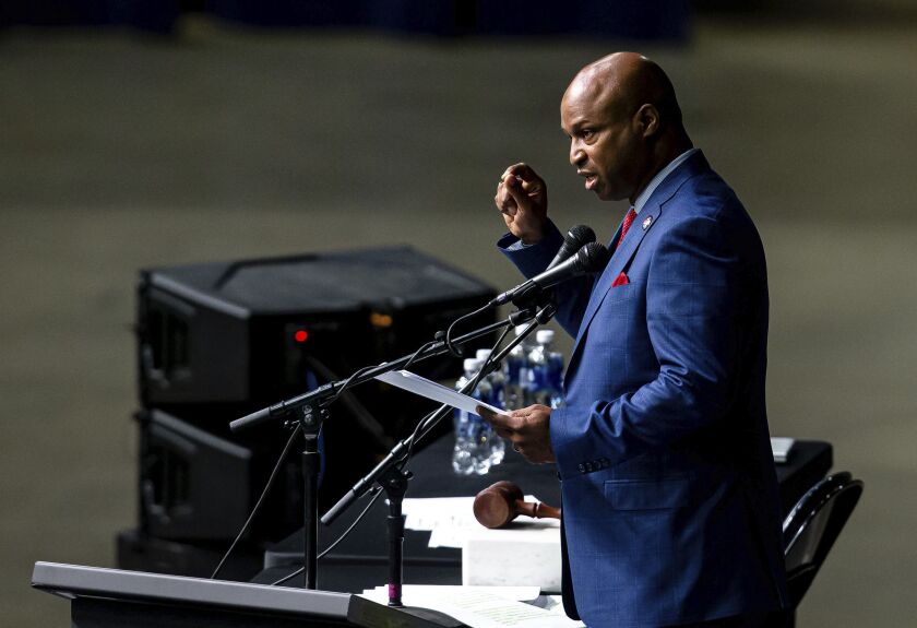 House Speaker Emanuel “Chris” Welch calls for a return to civility among lawmakers as delivers remarks at the Bank of Springfield Center in January.