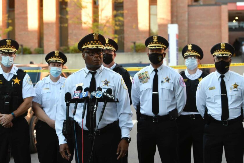 Chicago police Supt. David Brown addresses the media outside Illinois Masonic Medical Center after an on-duty officer was shot in Lincoln Park.