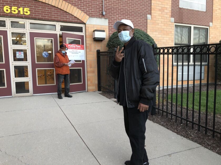 John Tremble, 60, of Englewood, votes at the 16th Ward’s 9th precinct at Providence Englewood High School, 6515 S. Ashland Ave. “Trump has got to go. Enough with the racism. Enough with a president who has no idea what he’s doing. We’re going to get the right man into the White House,” he said.