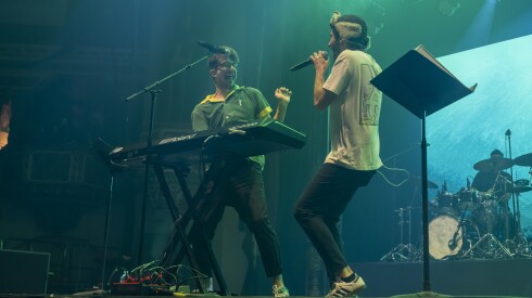 Ryan Met, left, and Jack Met of AJR perform Tuesday at the Aragon Ballroom as part of Q101’s Twisted 2025 holiday concert series.