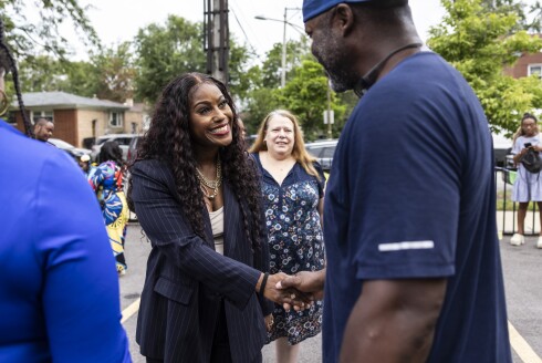 Chicago Teachers Union President Stacy Davis Gates greets teachers, parents and students at Edgar Allan Poe Classical Elementary School at 10538 S. Langley Ave. on the Far South Side on the first day of school for Chicago Public Schools, Monday, Aug. 26, 2024. | Ashlee Rezin/Sun-Times