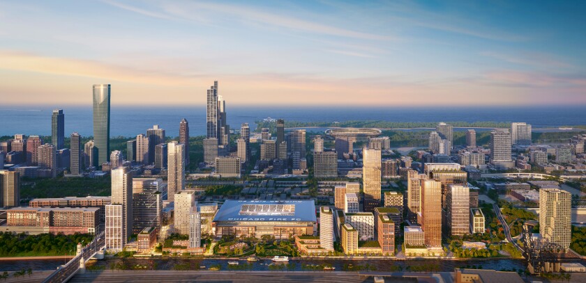 An artist's rendering of the proposed Chicago Fire soccer stadium at The 78 in the South Loop.
