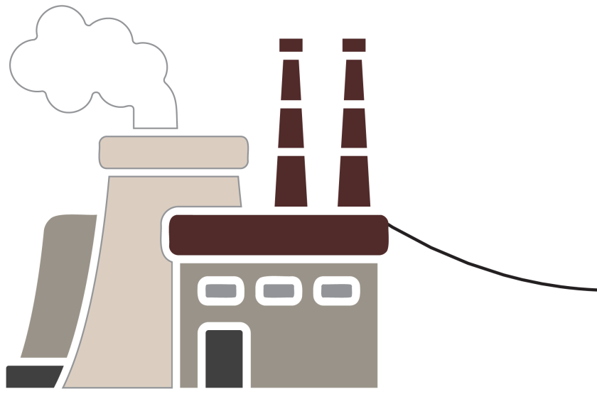 An illustration of a power plant generating electricity, with two smokestacks in the background along with a hyperboloid cooling tower, the latter of which is seen commonly in nuclear power plants. A power line seems to be stretching from the facility past the right edge of the image.