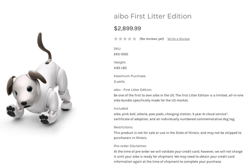 Aibo is a new and improved version of a robot dog that Sony first tried to sell 20 years ago. But this time, you can’t buy him in Illinois, thanks to the repercussions of a 2008 state law. | us.aibo.com