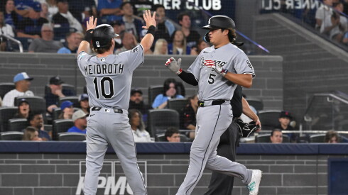 Chase Meidroth (10) and Munetaka Murakami (5) celebrate after scoring on a three-RBI double by teammate Colson Montgomery during the fifth inning Friday in Toronto.