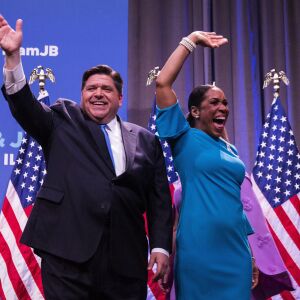 Gubernatorial candidate J.B. Pritzker and his running mate, State Rep. Juliana Stratton, celebrate his win in the March primary. | Ashlee Rezin/Sun-Times