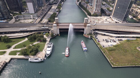 The Chicago Fire Department sprays water on the DuSable Lake Shore Drive Bridge to cool it down due to heat in the Loop, Wednesday, Sept. 2, 2026.