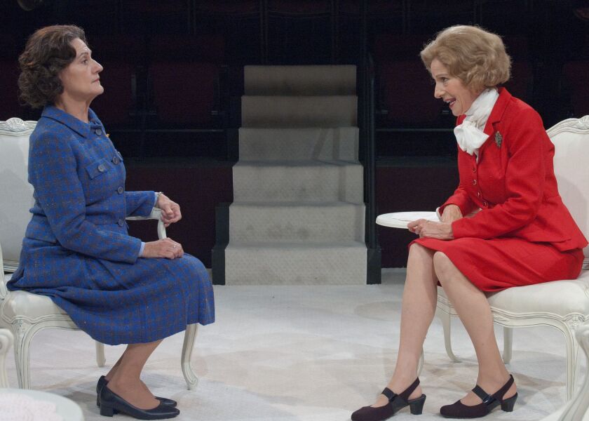 Janet Ulrich Brooks (left) plays Queen Elizabeth II and Carmen Roman plays Prime Minister Margaret Thatcher in the TimeLine Theatre production of “The Audience.” | Lara Goetsch