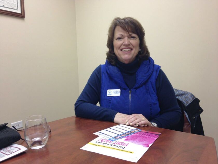Jackie Traynere, Democratic candidate for Bolingbrook mayor, poses in her office in Bolingbrook. (AP File Photo/ Sara Burnett)