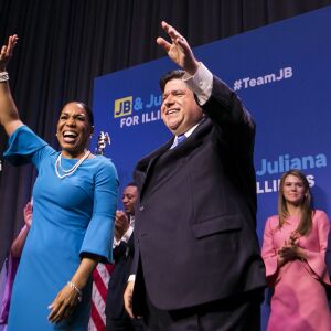 Gubernatorial candidate J.B. Pritzker and his running mate, State Rep. Juliana Stratton, celebrate his win. | Ashlee Rezin/Sun-Times