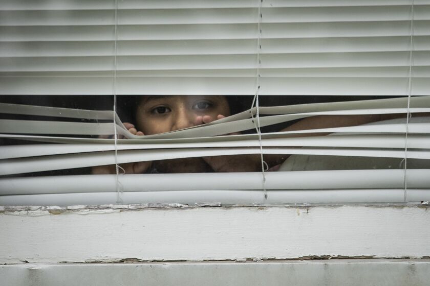 Rebecca Aviles, 7, peeks out the window of her family’s Maywood home, Thursday afternoon, May 28, 2020.
