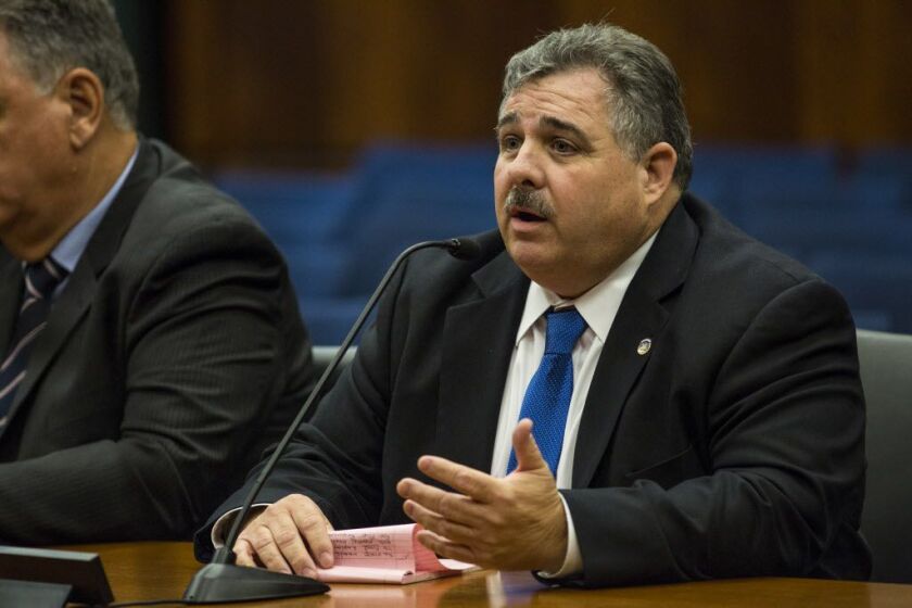 Fraternal Order of Police Lodge 7 President Kevin Graham speaks at an Illinois General Assembly Police & First Responders Committee joint hearing at the Bilandic Building, Wednesday, Oct. 10, 2018. | Ashlee Rezin/Sun-Times