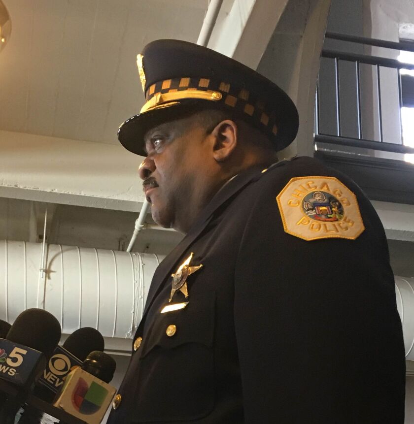 Chicago Police Supt. Eddie Johnson talks to reporters Monday morning at Navy Pier. | Jordan Owen/Sun-Times Media