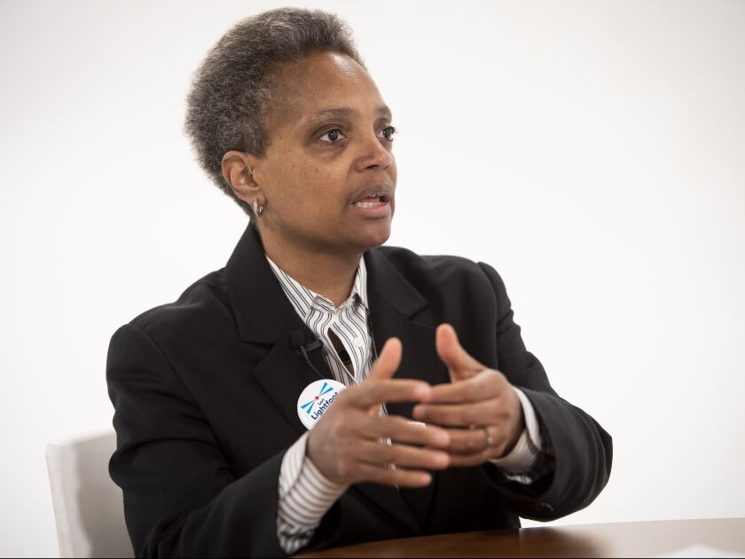 Mayoral candidate Lori Lightfoot is interviewed by reporter Fran Spielman Friday, February 22, 2019. | Rich Hein/Sun-Times