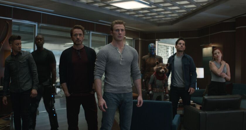 Hawkeye/Clint Barton (Jeremy Renner, from left), War Machine/James Rhodey (Don Cheadle), Iron Man/Tony Stark (Robert Downey Jr.), Captain America/Steve Rogers (Chris Evans), Nebula (Karen Gillan), Rocket (voiced by Bradley Cooper), Ant-Man/Scott Lang (Pau