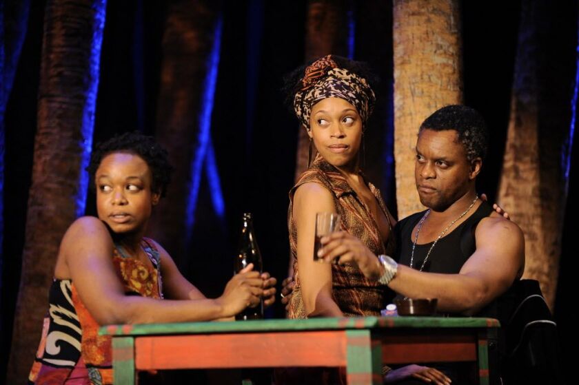 Pictured in the Goodman Theatre’s world premiere production of “Ruined” by Lynn Nottage are Quincy Tyler Bernstine (from left), Cherise Booth and Kevin Mambo. | Photo by Liz Lauren.