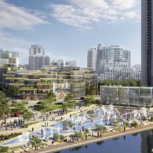 A rendering of a proposed South Loop development near the Chicago River. But reports say the online retailer is now taking a closer look at sites in Northern Virginia. | Provided by Related Midwest