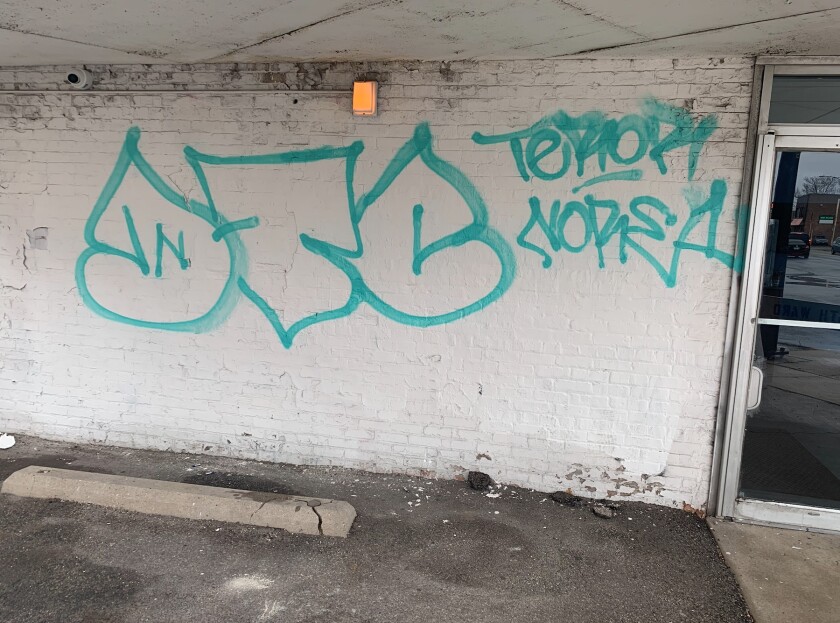 Graffiti was spray-painted on Ald. Ray Lopez’s office in December 2020.