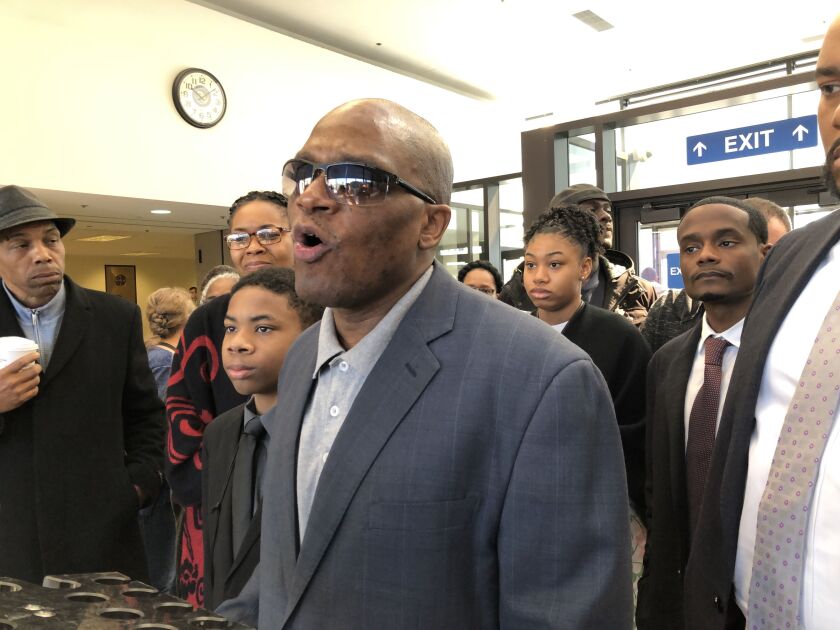 James Gibson addresses reporters in the lobby of the Leighton Criminal Court Building on Friday, April 26, 2019. | Andy Grimm for the Sun-Times