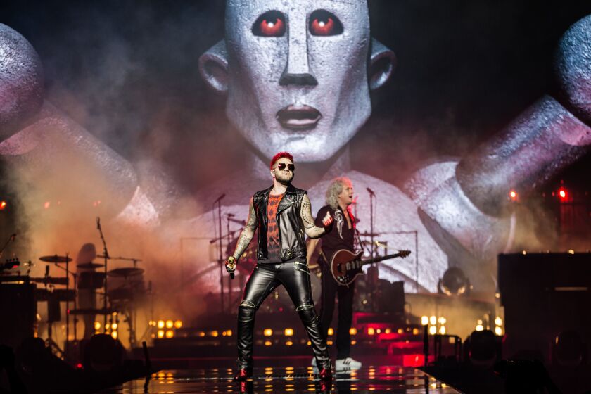 Singer Adam Lambert (left) and guitarist Brian May of Queen perform in concert at the United Center on Thursday, July 13, 2017. | Santiago Covarrubias/For the Sun-Times