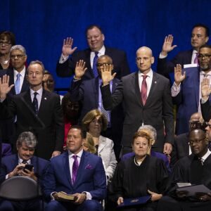 Members of the Chicago City Council are sworn in during the city’s inauguration ceremony at Wintrust Arena, Monday morning, May 20, 2019.