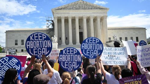 (FILES) Demonstrators rally in support of abortion rights at the US Supreme Court in Washington, DC, on April 15, 2023. On June 24, 2022, a court reshaped by Republican President Donald Trump overturned the landmark 1973 Roe v. Wade decision that guaranteed a constitutional right to abortion and left it up to each state to decide. (Photo by Andrew Caballero-Reynolds / AFP) (Photo by ANDREW CABALLERO-REYNOLDS/AFP via Getty Images)