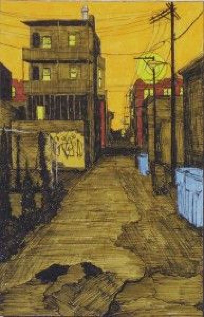 William Dolan’s “Alley with Decay” (ink on arches paper) at the AdventureLand Gallery.