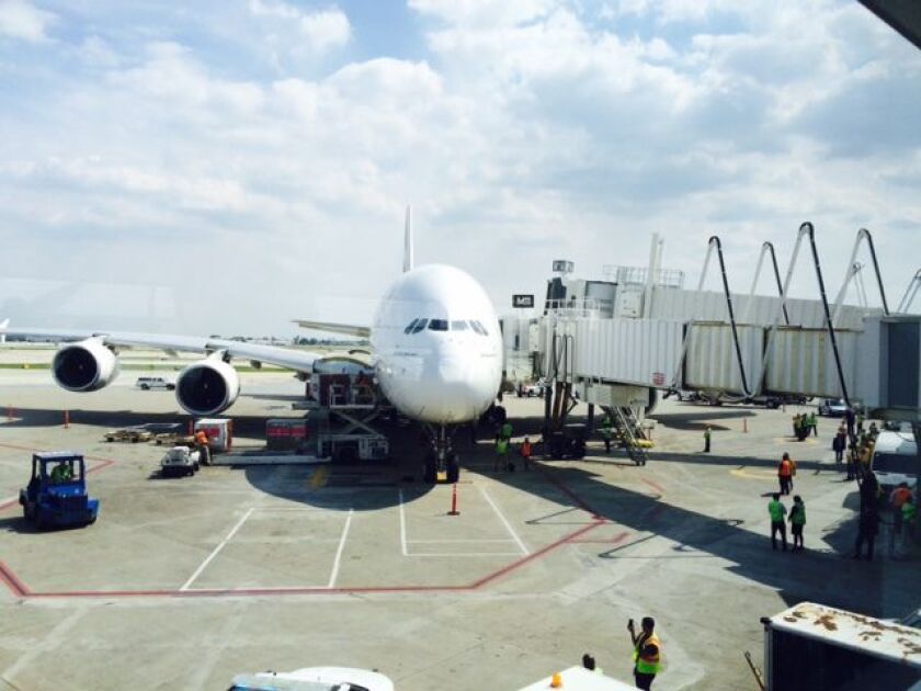 Emirates test landed an Airbus 380 at O’Hare Airport’s newest gate in July 2016. The gate features two boarding bridges to accommodate the double-decker jet. | Provided photo