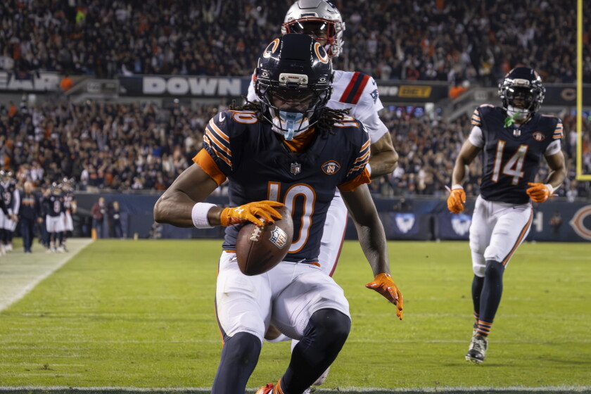 Bears wide receiver Luther Burden III scores a touchdown during second quarter against the New England Patriots at Soldier Field on Thursday, Oct. 22, 2026.
