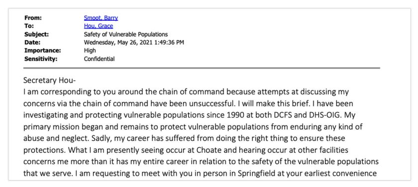 An excerpt from an email, obtained by Capitol News Illinois and Lee Enterprises Midwest, Barry Smoot, a decades-long Illinois Department of Human Services employee, wrote to Human Services Secretary Grace Hou on May 26, 2021.