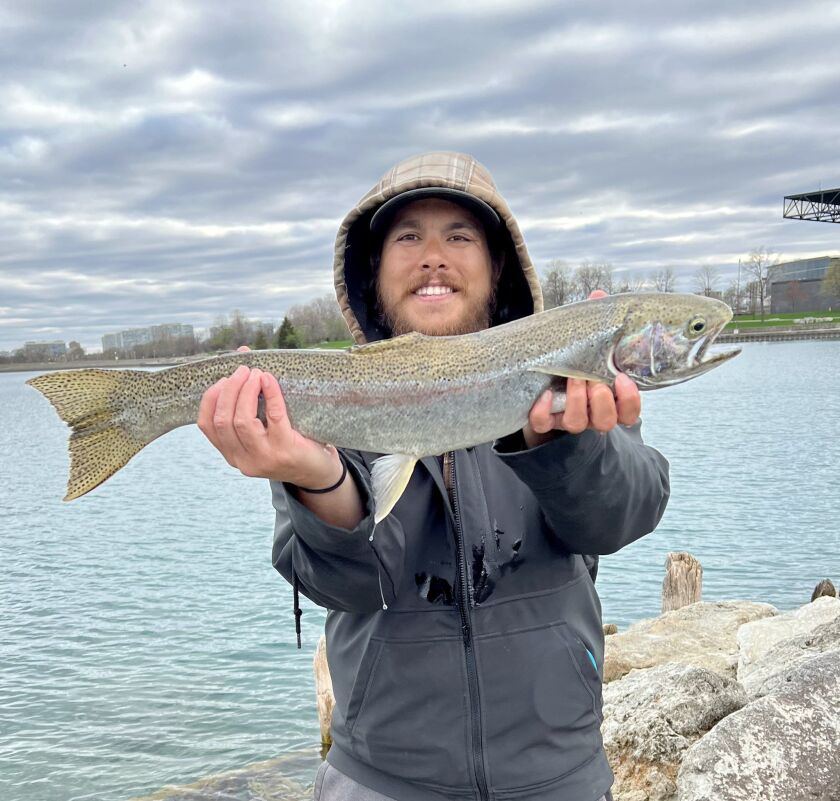 Quinn Wunar with a second steelhead Monday on the Chicago lakefront. Provided photo