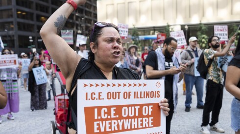 Protesters gather at Daley Plaza in the Loop, where they demanded the closing of the Broadview Immigration and Customs Enforcement facility and an end to deportations, Saturday, Sept. 27, 2025.