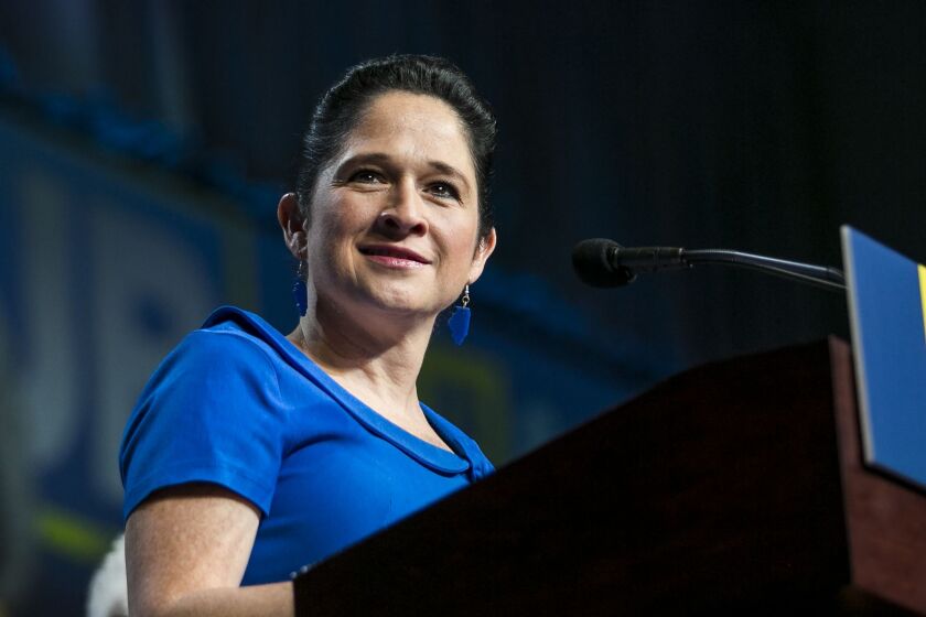 Incumbent Illinois Comptroller Susana Mendoza speaks at an election night rally, hosted by gubernatorial candidate J.B. Pritzker, at the Marriott Marquis Chicago after beating Republican former state Rep. Darlene Senger in the election, Tuesday night, Nov