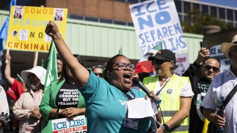 Nancy Salgado, of PASO West Suburban Action Project, speaks during an anti-ICE rally in Melrose Park, Tuesday, Sept. 16, 2025.