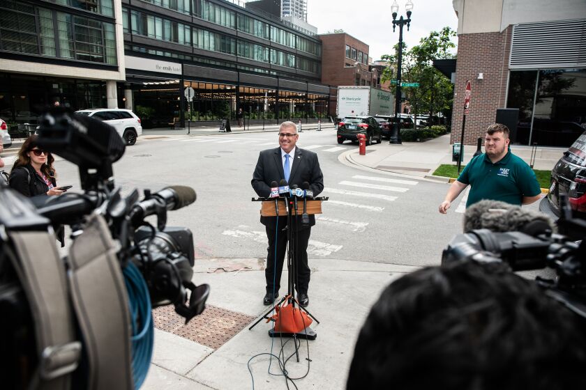Republican Darren Bailey speaks during a news conference in the West Loop Tuesday.