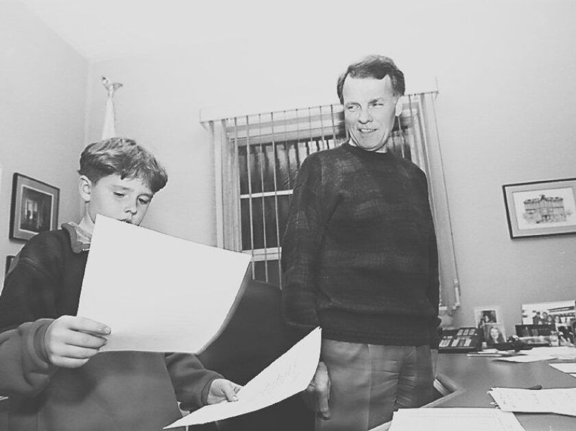 House Speaker Michael Madigan and his son Andrew look over Election Night Returns at Madigan’s office at 6500 S. Pulaski in 1996. A judge OKed an inspection of the office as part of a federal lawsuit. File Photo by Richard A. Chapman-Sun-Times.
