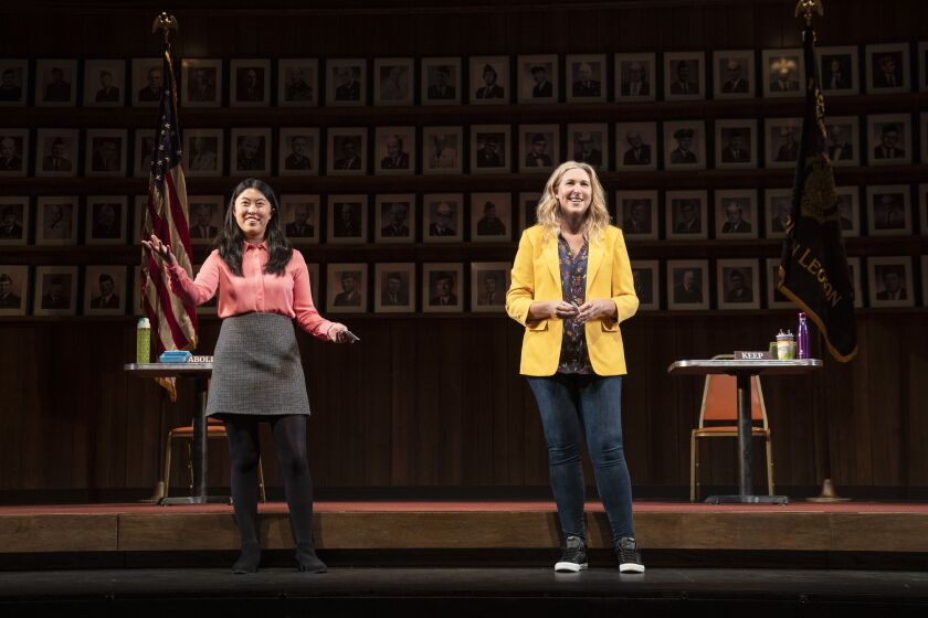 Jocelyn Shek (left) and Cassie Beck debate many issues in the North American Tour of “What The Constitution Means To Me.”