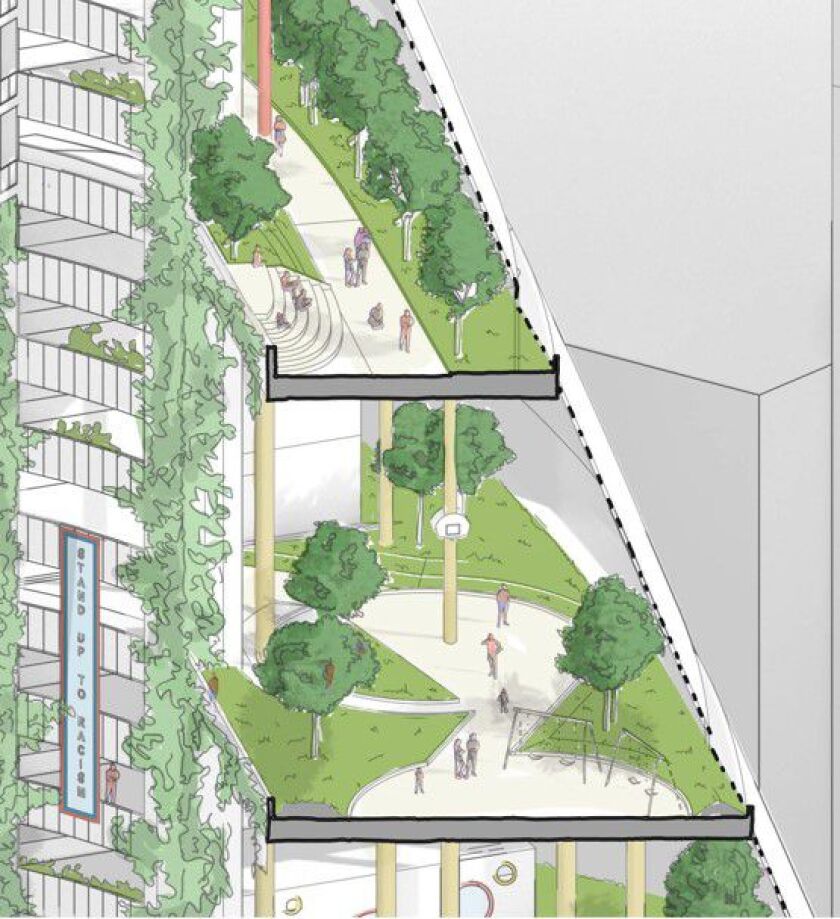 A detail from a proposal by Solomon Cordwell Buenz staffers to put a public school with indoor parks in the Thompson Center.