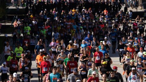 Runners approach a bridge on West Cermak Road during the Bank of America Chicago Marathon, Sunday, Oct. 9.