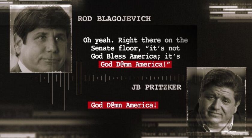 Gov. Bruce Rauner campaign ad featuring FBI wiretaps of conversations between Rod Blagojevich and J.B. Pritzker. Screen image.