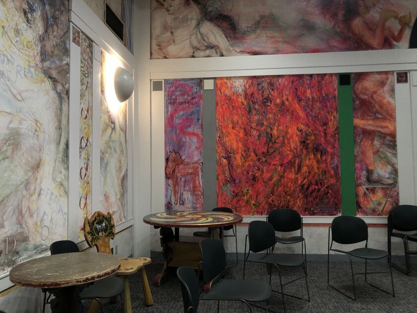 A different view of Irene Siegel’s mural at the Sulzer Regional Library. The artwork is based on the Virgil epic “The Aeneid” that dramatizes Rome’s origins.