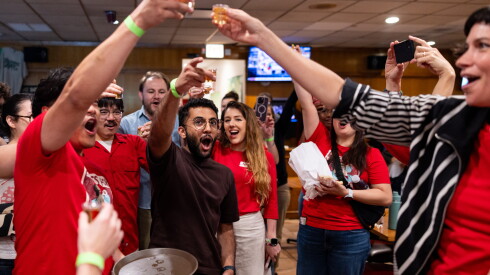 Rush nurses and organizers take shots to celebrate the unionization vote.