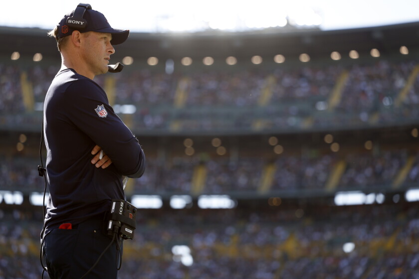 GREEN BAY, WISCONSIN - OCTOBER 11: Head coach Ben Johnson of the Chicago Bears looks on against the Green Bay Packers at Lambeau Field on October 11, 2026 in Green Bay, Wisconsin. (Photo by Michael Reaves/Getty Images) ORG XMIT: 776511758